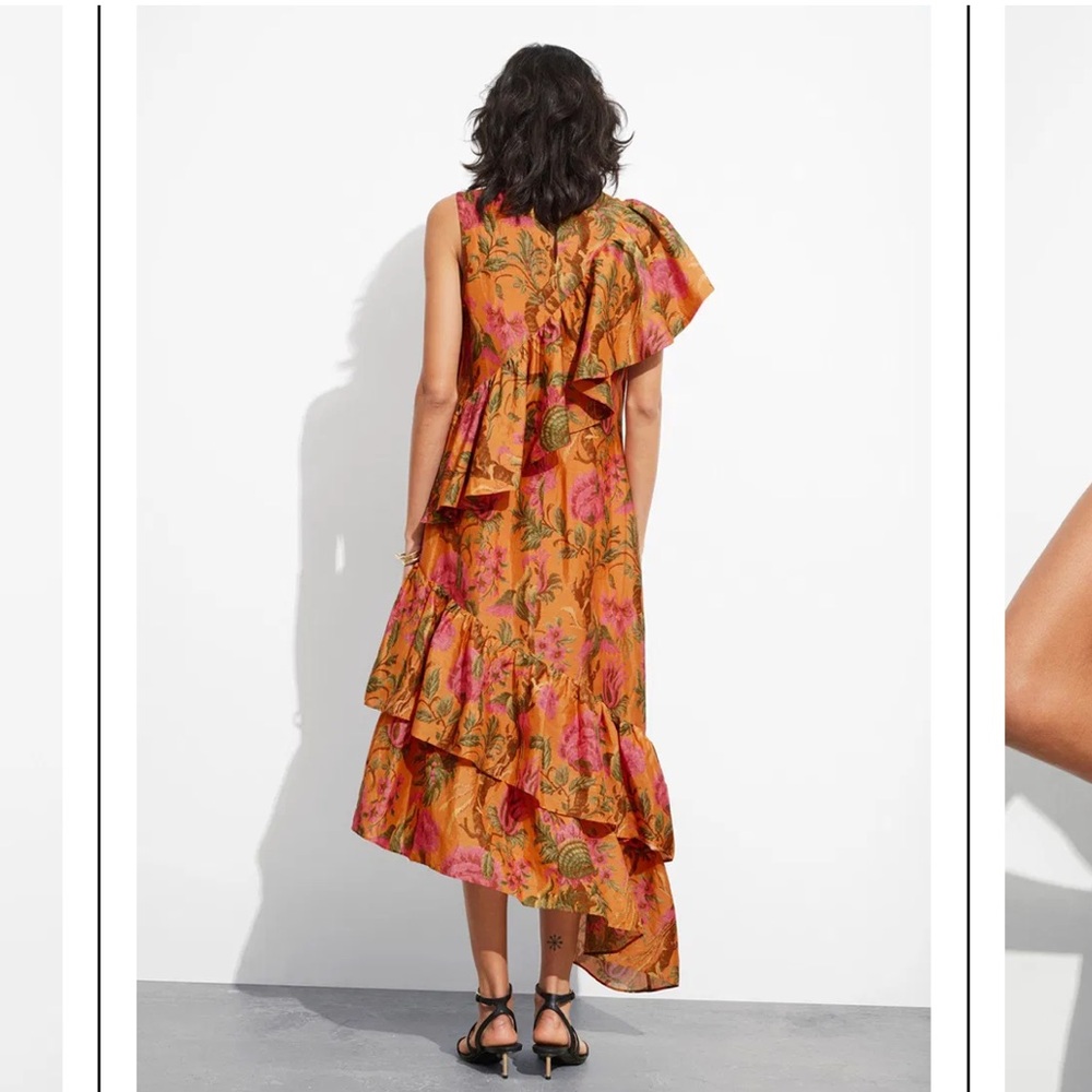 & Other Stories Asymmetrical Ruffle Dress in Orange and Pink Floral - Picture 5 of 12